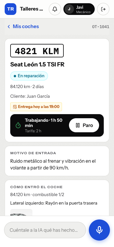Vista del mecánico en el móvil: su coche, la entrega prometida y el reloj en marcha con el botón Paro